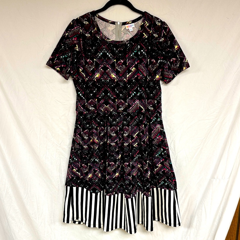 LuLaRoe Amelia Dress - Black with print and stripes - XL